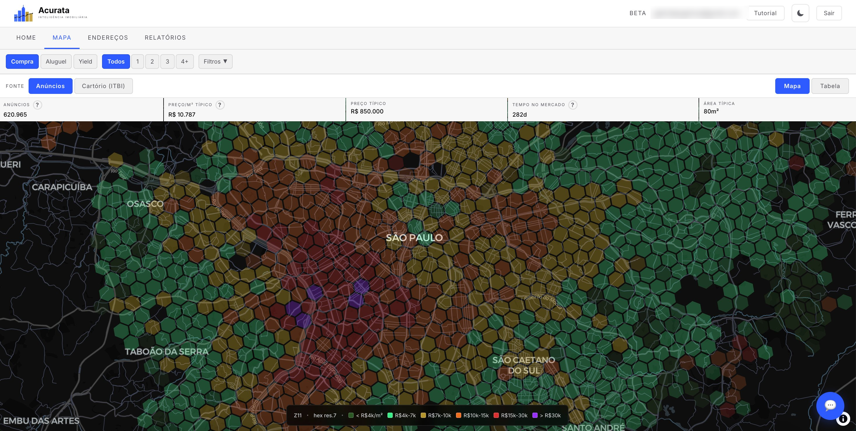 Mapa de São Paulo com hexágonos coloridos por preço por m²